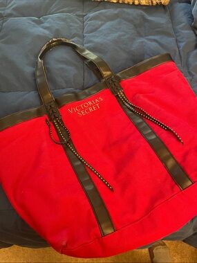 Victoria's Secret Red Canvas Tote with Black Trim and Studded Straps